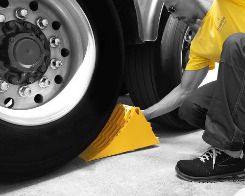 Yellow homologated thermoplastic wheel chock 53